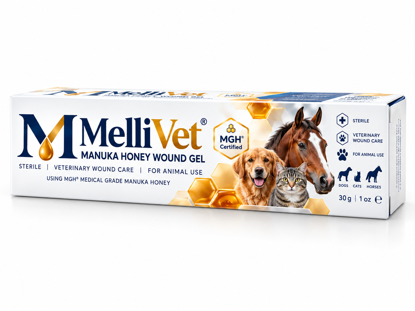 MelliVet 30 g carton with gold honeycomb, MGH® Certified badge, dog, cat and horse packaging artwork
