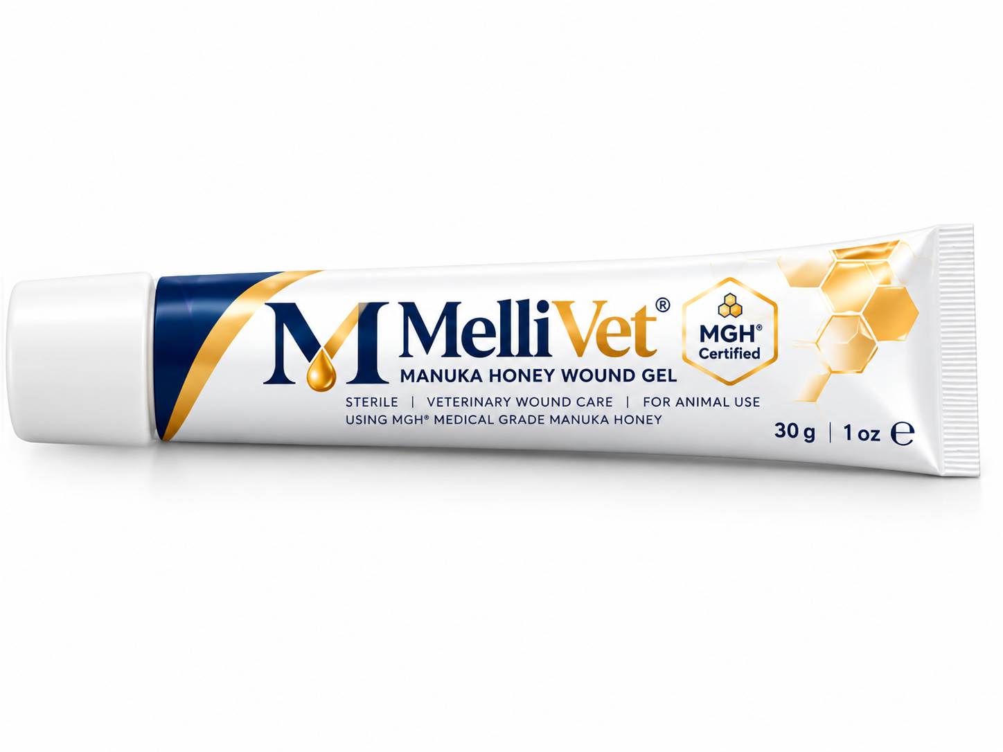 MelliVet 30 g manuka honey wound gel tube with a smooth white lid, navy and gold branding and MGH® Certified hexagon