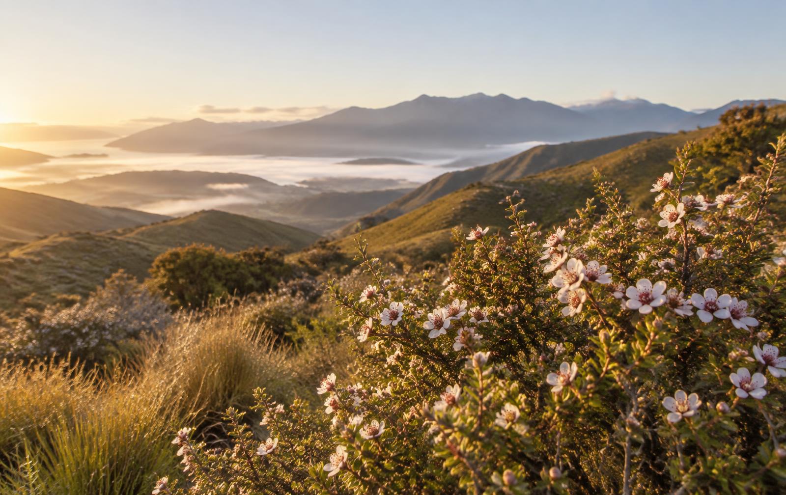 Flowering mānuka shrubs on a hillside at sunrise